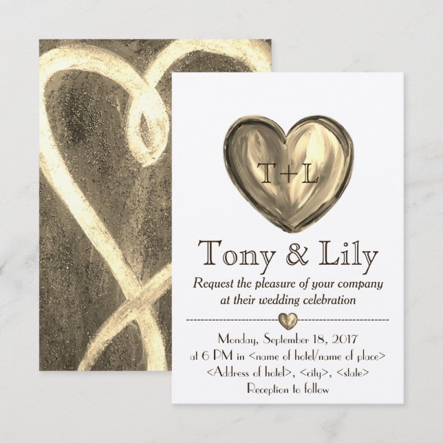 Invitación de Boda Cardíaca Personalizable Gold RS (Anverso / Reverso)