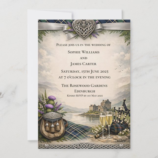 Invitación de Boda Castillo Broche Celta Gaita Esc (Anverso)