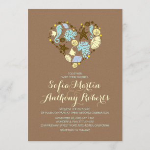 invitación de boda casual en la playa y corazón ma