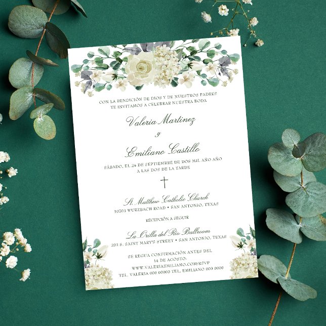 Invitación de Boda Catolica Boda formal (Invitación de boda católica en español con flores blancas y vegetación.)