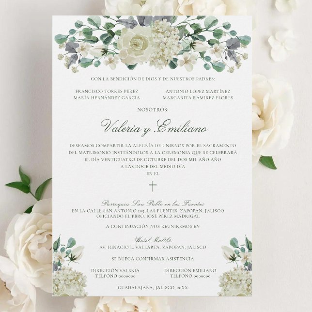 Invitación de Boda Catolica Boda formal (Elegant, white flower Catholic wedding invitation in Spanish, done in traditional style)