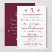 Invitación de boda católica Burgundy Two Hearts