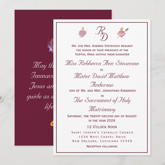 Invitación de boda católica Burgundy Two Hearts (Anverso / Reverso)