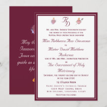 Invitación de boda católica Burgundy Two Hearts