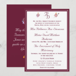 Invitación de boda católica Burgundy Two Hearts