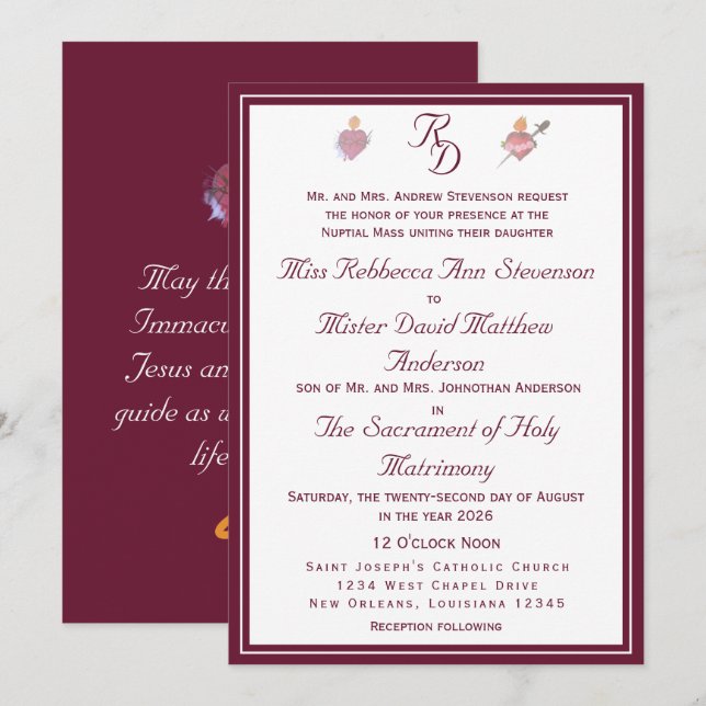 Invitación de boda católica Burgundy Two Hearts (Anverso / Reverso)