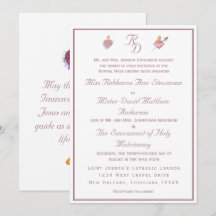 Invitación de boda católica con dos corazones rosa