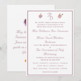 Invitación de boda católica con dos corazones rosa