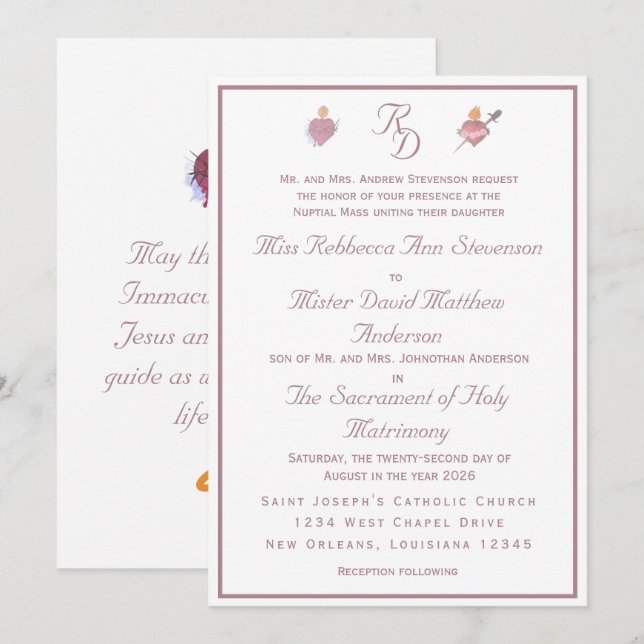 Invitación de boda católica con dos corazones rosa (Anverso / Reverso)
