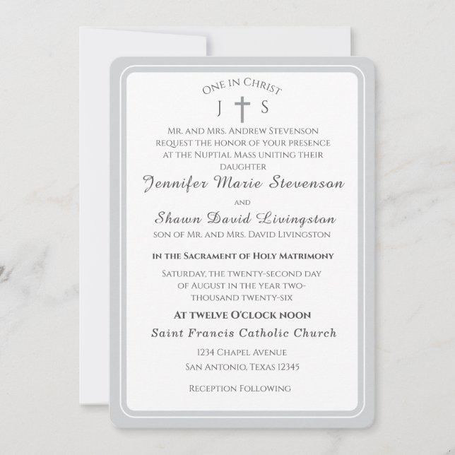Invitación de boda católica con monograma atempora (Anverso)