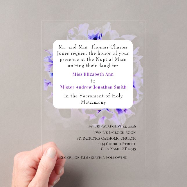 Invitación de boda católica con violetas elegantes (Insitu (portátil))
