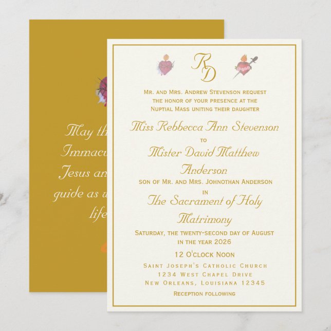Invitación de Boda Católica Cream/Ocre Dos Corazon (Anverso / Reverso)