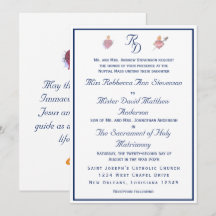 Invitación de boda católica de dos corazones azul 