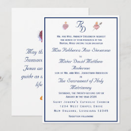 Invitación de boda católica de dos corazones azul 