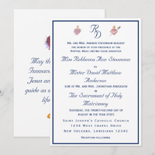 Invitación de boda católica de dos corazones azul 