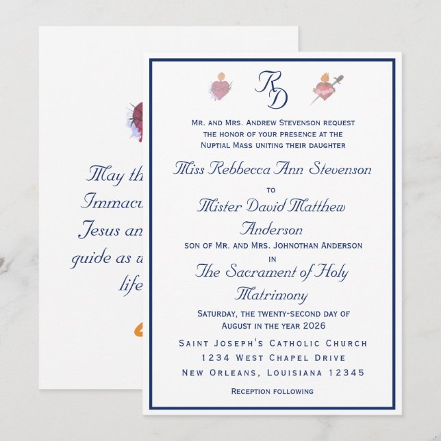 Invitación de boda católica de dos corazones azul  (Anverso / Reverso)
