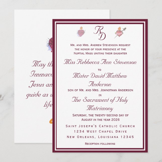 Invitación de Boda Católica de Dos Corazones Burde (Anverso / Reverso)