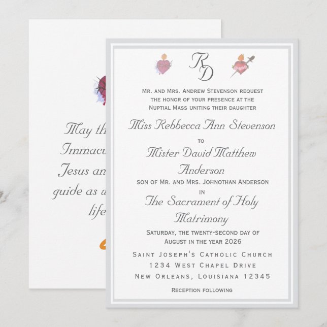 Invitación de Boda Católica de Dos Corazones de Pl (Anverso / Reverso)