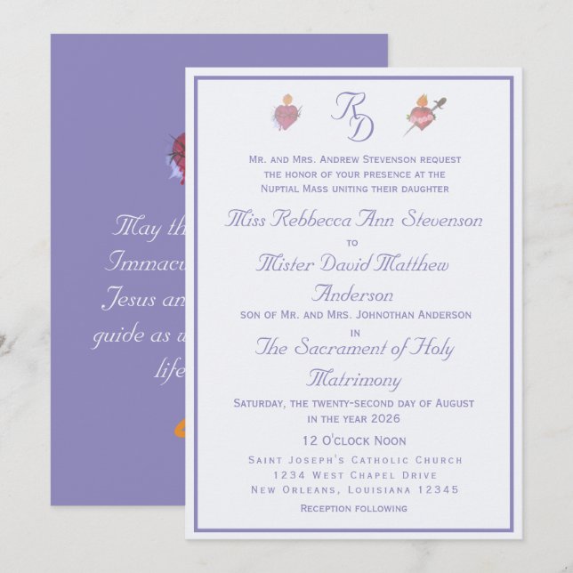 Invitación de Boda Católica de Dos Corazones de Vi (Anverso / Reverso)
