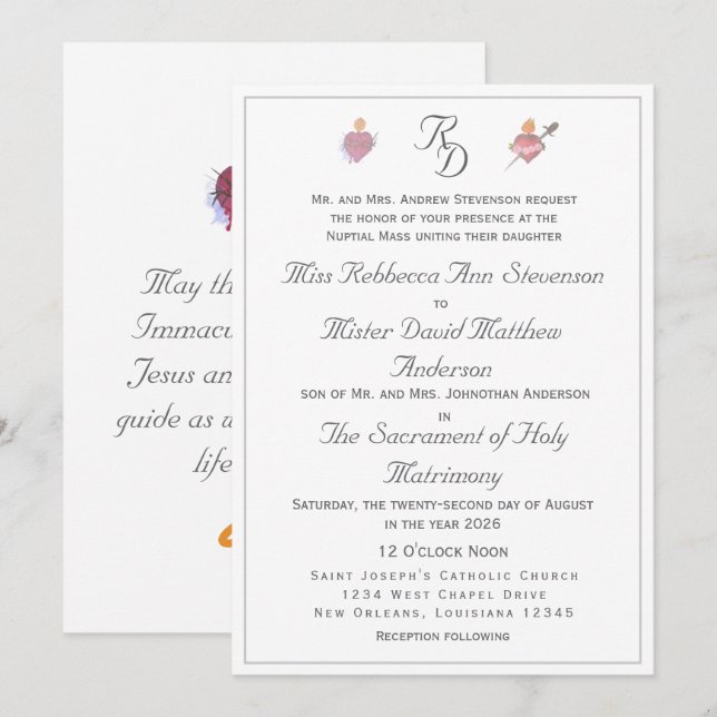 Invitación de Boda Católica de Dos Corazones Elega (Anverso / Reverso)