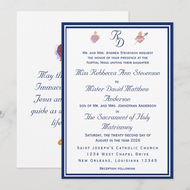 Invitación de Boda Católica de Dos Corazones Elega (Anverso / Reverso)