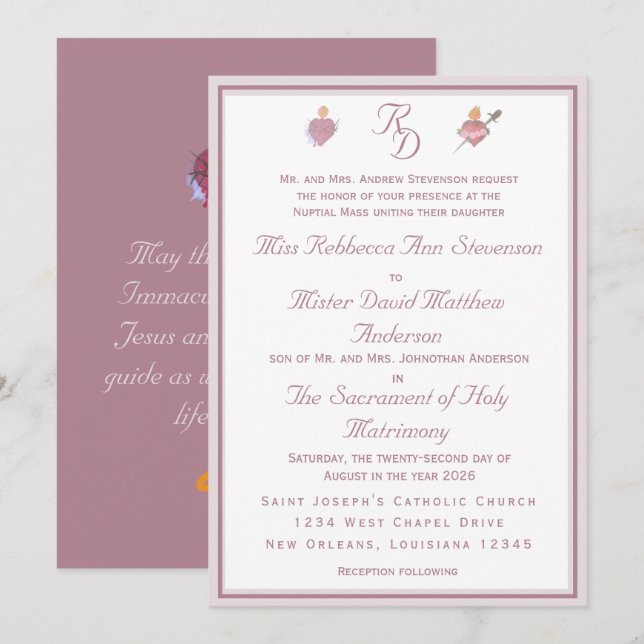 Invitación de Boda Católica de Dos Corazones Rosa  (Anverso / Reverso)