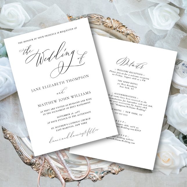 Invitación de boda católica de Jane con RSVP (This elegant, all-in-one- invite has a romantic elegance thanks to the flowing calligraphy script)