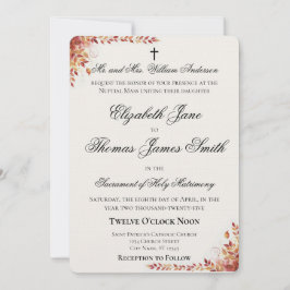 Invitación de boda católica de otoño en rojo y dor
