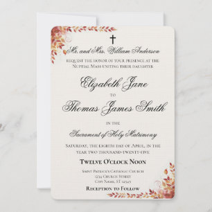 Invitación de boda católica de otoño en rojo y dor