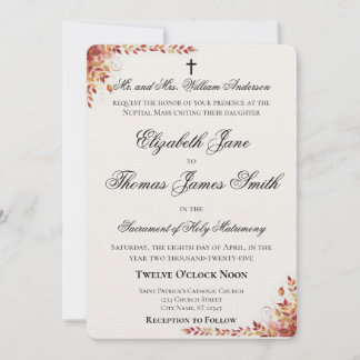 Invitación de boda católica de otoño en rojo y dor