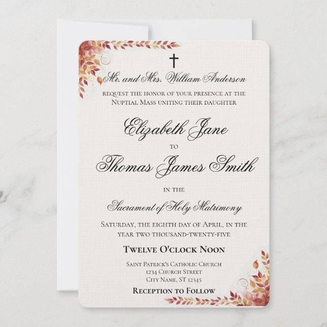 Invitación de boda católica de otoño en rojo y dor (Anverso)