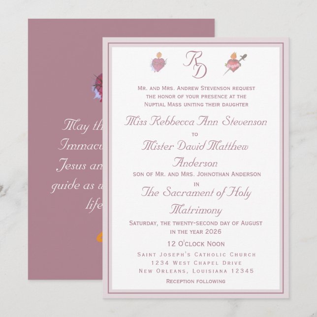 Invitación de Boda Católica Dos Corazones Rosa Pol (Anverso / Reverso)