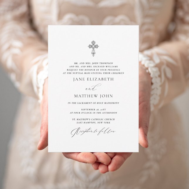 Invitación de boda católica simple de Jane con RSV (This Catholic wedding invite has a romantic elegance thanks to the vintage cross & elegant script.)