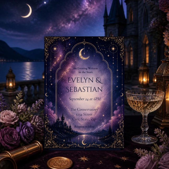 Invitación de Boda Celestial | Castillo a la Luz d (Moonlit castle celestial wedding invitation with purple galaxy sky and elegant gold Art Deco details)