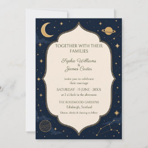 Invitación de boda celestial del planeta oro azul