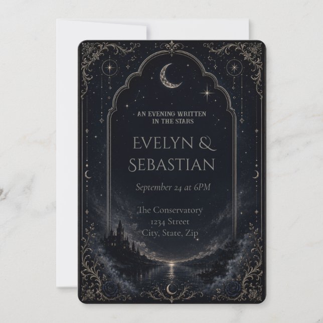 Invitación de boda celestial gótica (Anverso)