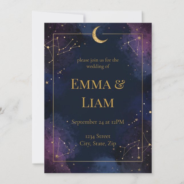Invitación de boda celestial oscura | Púrpura y az (Anverso)