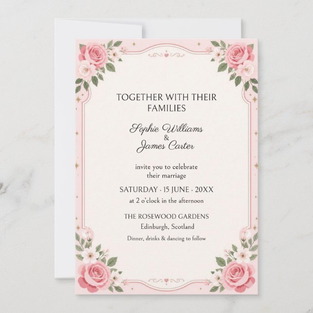 Invitación de Boda Celestial Rosa Rosada (Anverso)