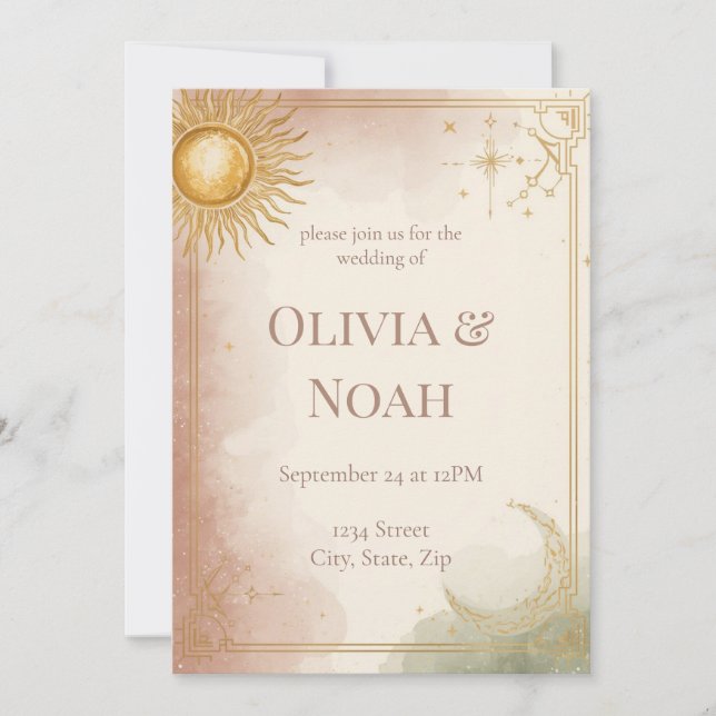 Invitación de Boda Celestial Rosa Sage Estrellas D (Anverso)