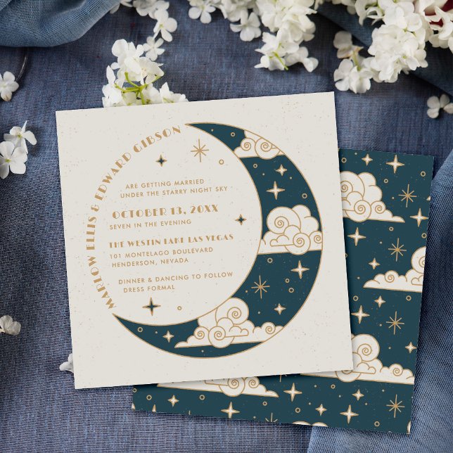 Invitación de boda celestial Teal Moon & Stars (Subido por el creador)