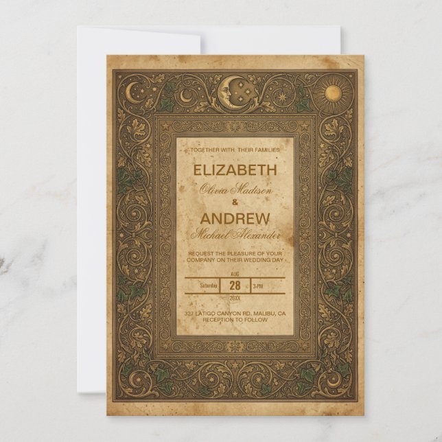 Invitación de Boda Celestial Vintage Dorado Antigu (Anverso)