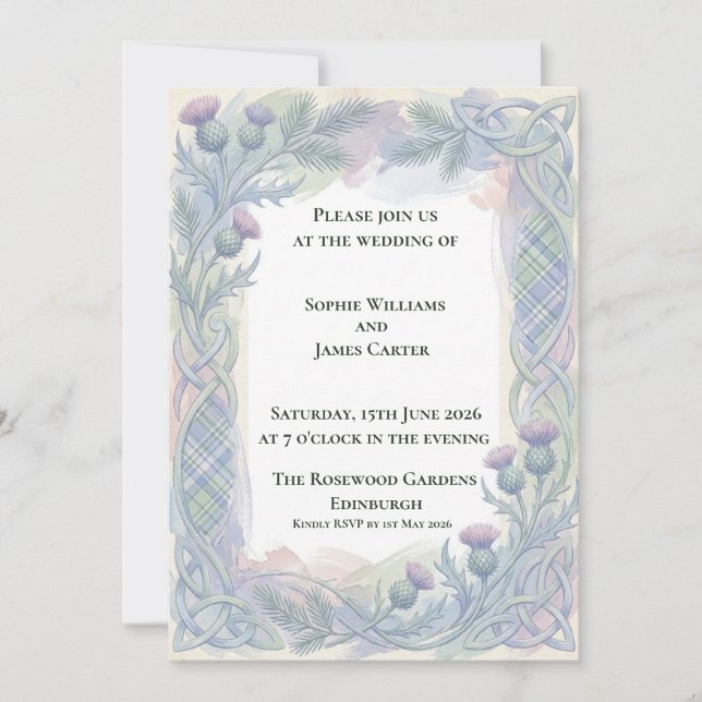 Invitación de boda celta Blue Tartan Thistle (Anverso)