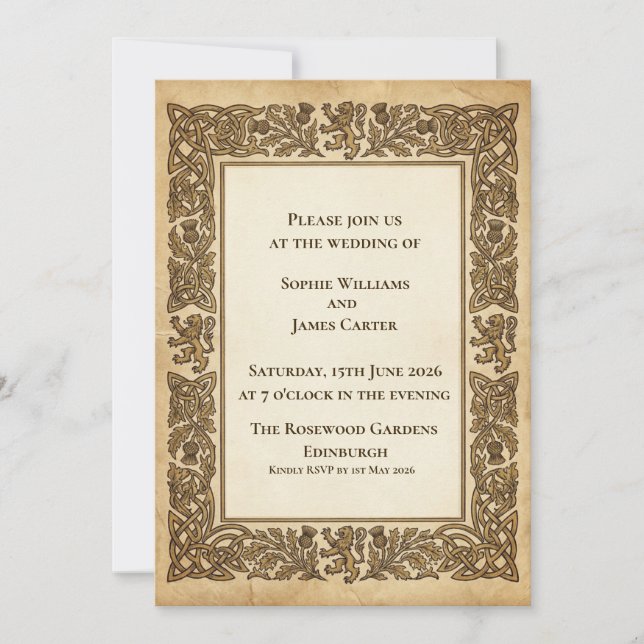 Invitación de boda celta con león rampante escocés (Anverso)