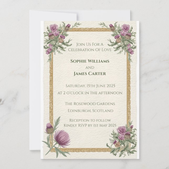 Invitación de boda celta de cardo escocés (Anverso)