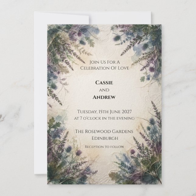 Invitación de boda celta de helecho de cardo escoc (Anverso)