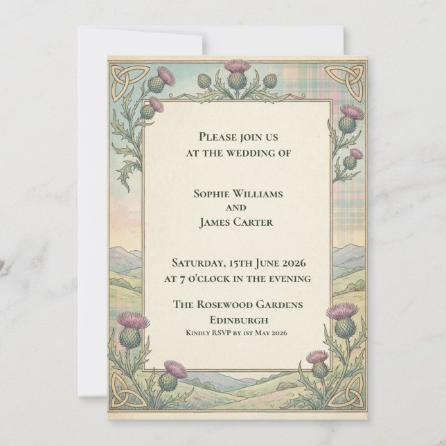 Invitación de boda celta Highland Thistle (Anverso)