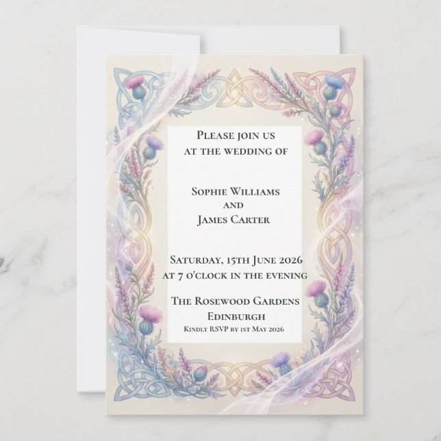 Invitación de boda celta Lavanda Thistle (Anverso)