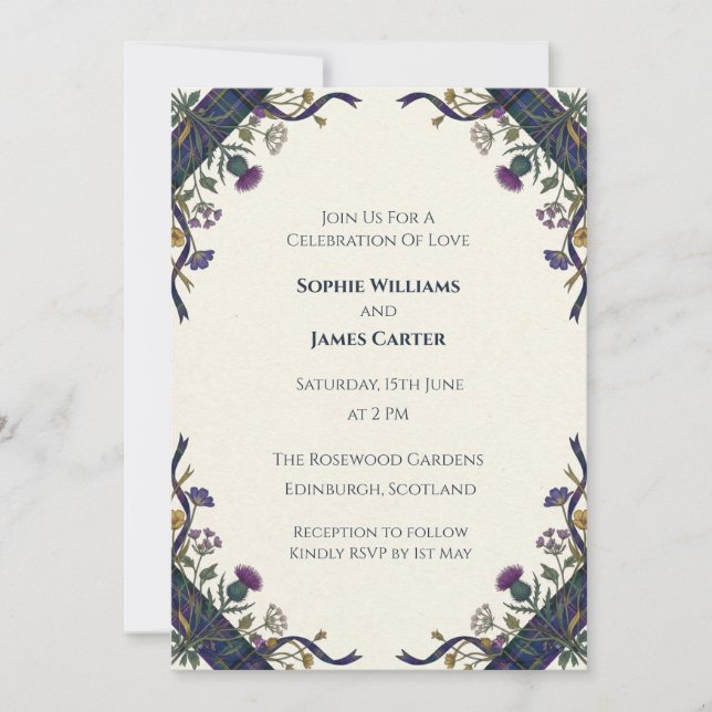 Invitación de boda celta Thistle púrpura (Anverso)