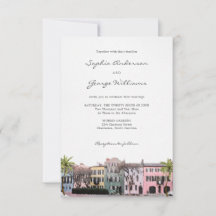 Invitación de boda Charleston Rainbow Row SC