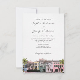 Invitación de boda Charleston Rainbow Row SC